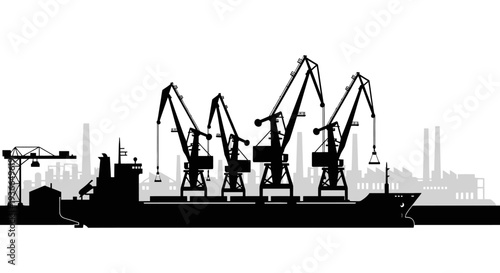 Black silhouette of a busy industrial port with cranes and buildings
