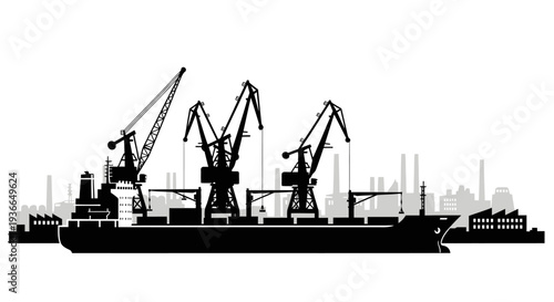 Black and white silhouette of a busy industrial port cityscape