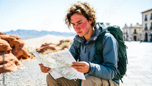 Young solo backpacker intensely studying a map while exploring a new city on a sunny day.