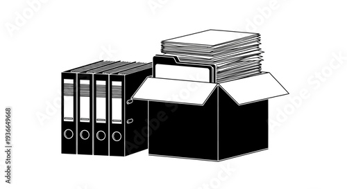 Black and white illustration of ring binders and a cardboard box