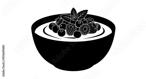 A black and white illustration of a bowl filled with assorted berries