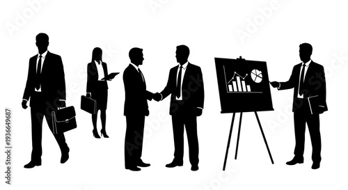 Business professionals in silhouette presenting and negotiating a deal