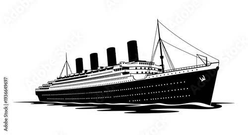 A striking black and white illustration of the iconic titanic ocean liner