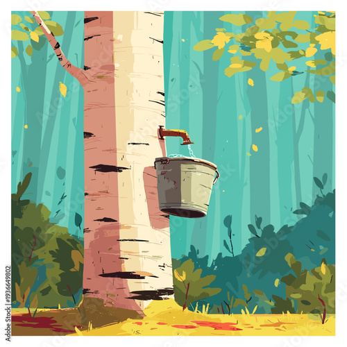 Birch Sap Gathering in Gentle Morning Light