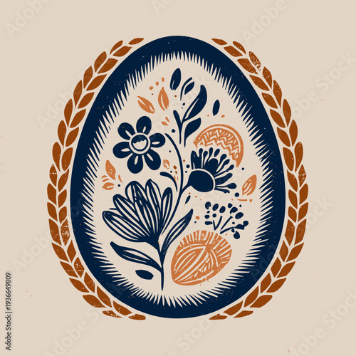 Floral egg design with decorative elements on a beige background
