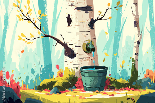 Birch Sap Gathering in Gentle Morning Light