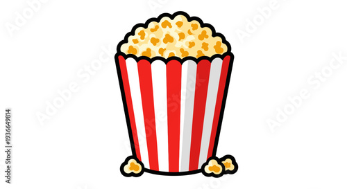 A colorful illustration of a striped popcorn container overflowing with kernels