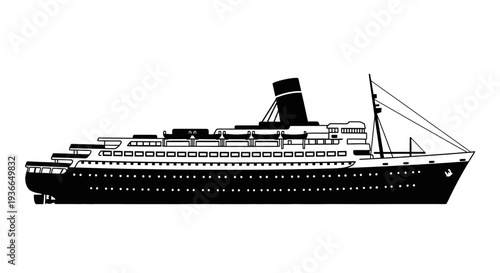 A black and white silhouette of a classic ocean liner at sea