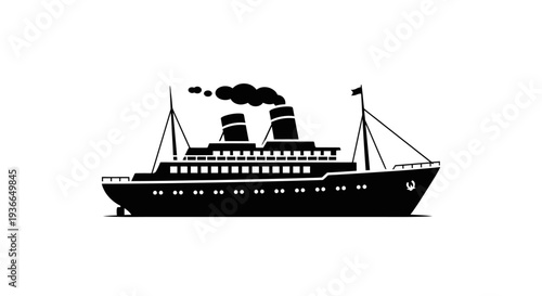 A black silhouette of a vintage ocean liner emitting smoke