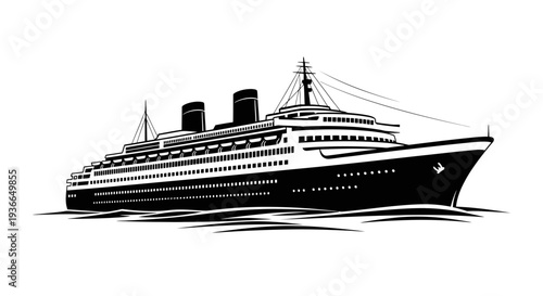 Vintage ocean liner illustration in black and white depicting a grand cruise ship