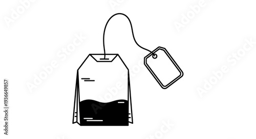 Simple black and white line drawing of a tea bag with a tag