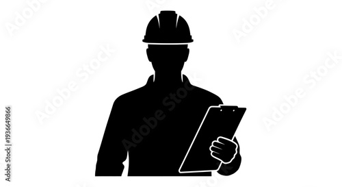 Silhouette of a construction worker holding a clipboard in black