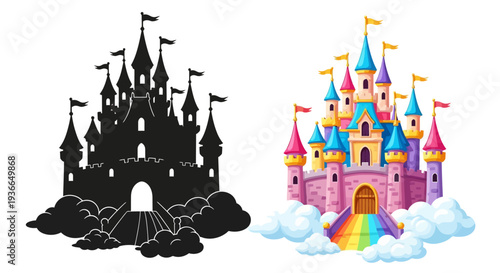 Colorful fairytale castle illustration shown alongside its black silhouette
