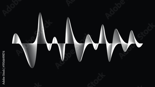 Dynamic White Sound Wave Audio Spectrum Visualization, Abstract Music Waveform Design Isolated on Dark Background, Modern Digital Technology Concept