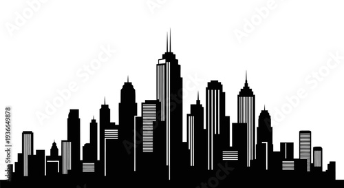 A striking black and white silhouette of a modern city skyline
