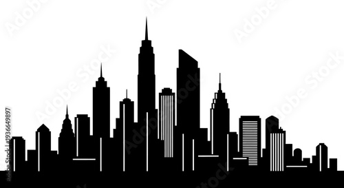 A stark black silhouette of a modern city skyline against a white background