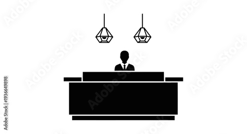 Minimalist icon of a receptionist desk with two hanging lights above