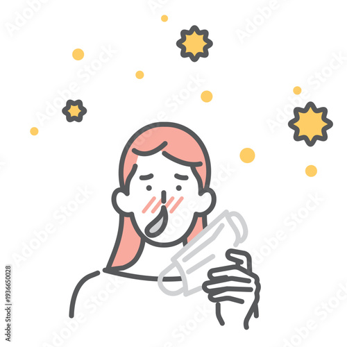 シンプル　イラスト　花粉症で鼻水が出る日本人女性とマスクのイメージ ベクターイラスト