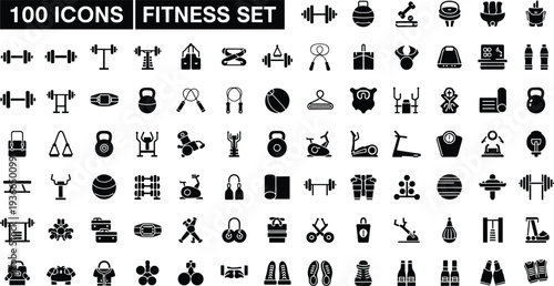 Large set of black fitness icons, gym equipment silhouettes including dumbbells and kettlebells, workout and exercise symbols isolated on white background
