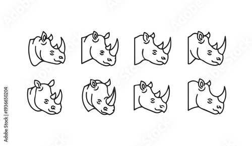 Eight Outline Rhino Heads Pattern Wildlife Abstract Minimalist Stock Illustration