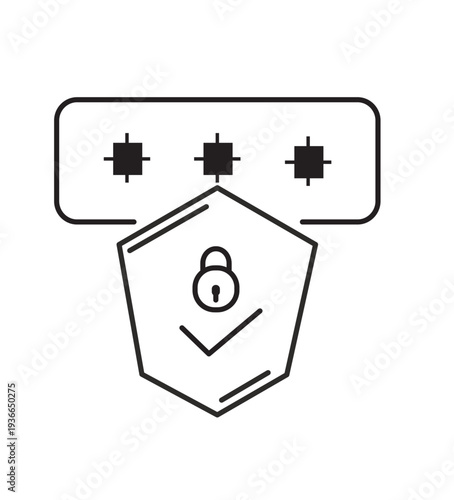 Secure Login Illustration: A visual representation of secure access, featuring a password field with obscured characters and a shield emblem with a lock, symbolizing protection and verification. 