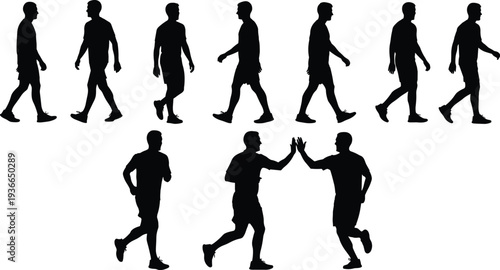 Walking people silhouettes sequence, human motion progression, high-five interaction illustration, vector art design, gesture recognition concept