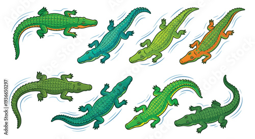 Cartoon illustration of several colorful alligators swimming in water