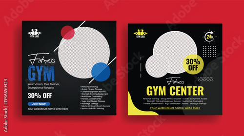 gym fitness workout marketing template bundle including social media post design, square flyer poster layouts, promotional banner ads and web banner advertising for fitness