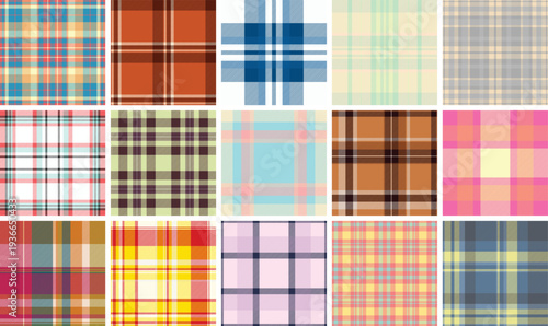 Seasonal plaid pattern set for birthday stationery. Tartan backgrounds suit invitations, thank-you cards, and envelopes. Seamless vectors print clean.