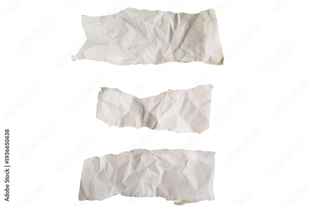 Obraz premium Set of three crumpled off-white paper pieces with rough torn edges on a transparent background