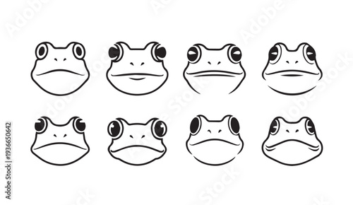 Eight Cartoon Frog Faces Expressing Various Emotions Simple Line Art