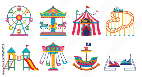 Colorful cartoon illustrations of various amusement park rides and attractions