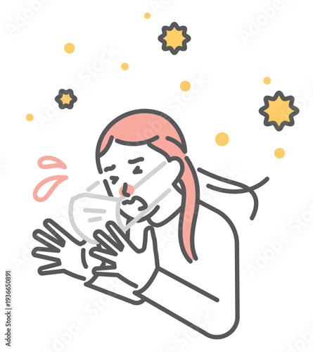 シンプル　イラスト　花粉症でくしゃみをしてマスクが吹き飛ぶ日本人女性のイメージ ベクターイラスト