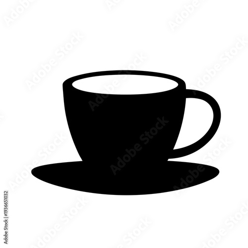 Minimalist black silhouette of a coffee cup on a saucer on white