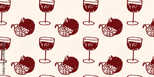 Seamless pattern with pomegranate fruit and glass of red wine in hand drawn sketch style. Minimal monochrome composition. Vector illustration for menu, packaging, textile, wrapping paper and backgroun