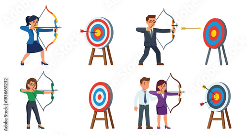 Business professionals practicing archery aiming for target success and achievement