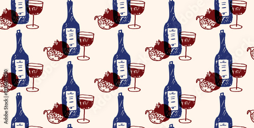 Seamless pattern with wine bottle, glass of red wine and pomegranate fruit. Hand drawn sketch style composition. Vector illustration for menu, packaging, textile, wrapping paper and background design.
