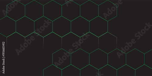 Simple black futuristic vector hexagons with green color of light.