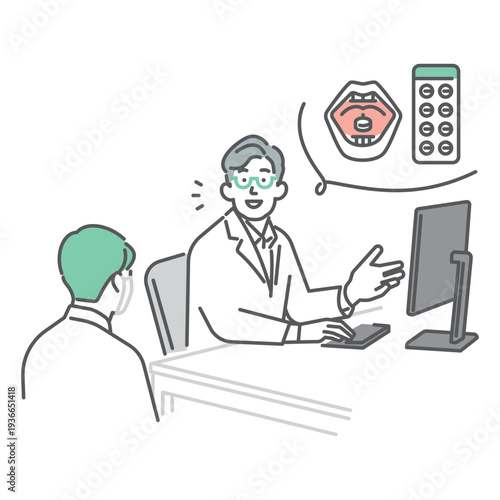 シンプル　イラスト　花粉症の舌下免疫療法を医師から説明される日本人男性のイメージ ベクターイラスト