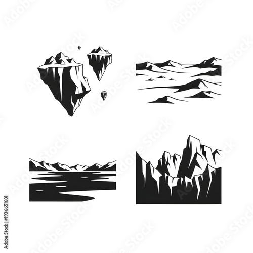 A set of four monochromatic landscape icons displays floating angular ice masses, barren rolling terrain, a flat body of water reflecting mountains, and sharp jagged peaks.