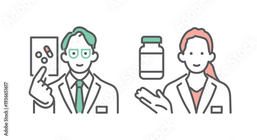 シンプル　イラスト　薬局で薬の説明をする薬剤師の男女のイメージ ベクターイラスト