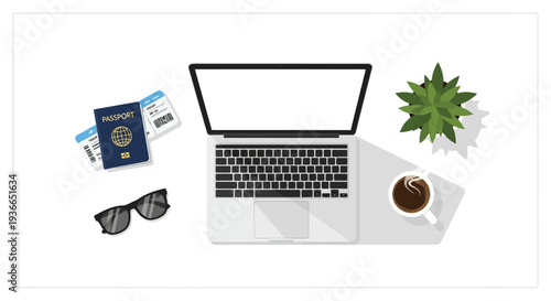 Travel laptop desk flat lay vector