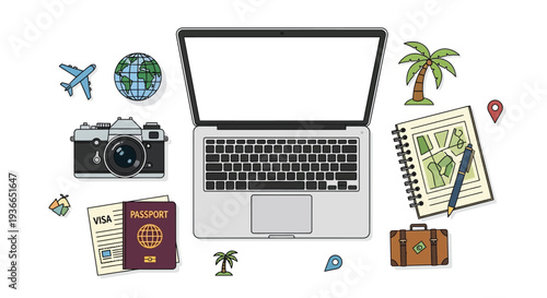 Travel laptop workspace vector illustration