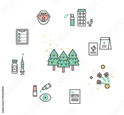 シンプル　イラスト　花粉症の原因・症状・治療・対策アイコンセット ベクターイラスト