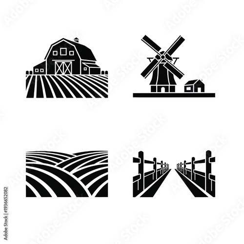 A set of four monochromatic vector icons illustrates essential elements of traditional agriculture including a barn, windmill, cultivated fields, and a wooden fence path.