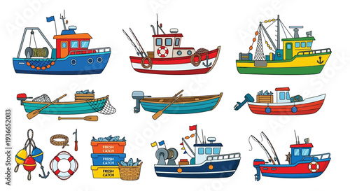 Colorful cartoon illustration of various fishing and tug boats with nautical elements
