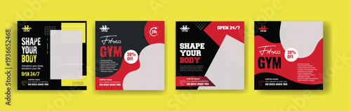 Fitness club workout marketing templates bundle for gym social media posts design pack, square flyer poster layout, banner ads and web banner promotional advertising collections