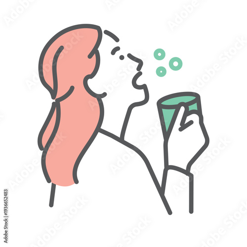 シンプル　イラスト　花粉症対策でうがいをする日本人女性のイメージ ベクターイラスト