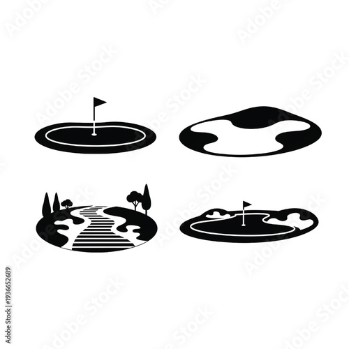 A collection of four black and white golf course elements including putting greens, flags, and fairway outlines, suitable for sport iconography.
