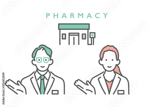 シンプル　イラスト　薬局を案内する薬剤師の男女のイメージ ベクターイラスト